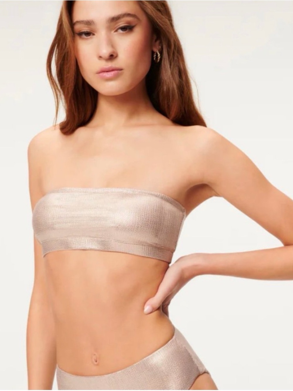 Good American Metallic Taupe Strapless Bandeau Bikini Set